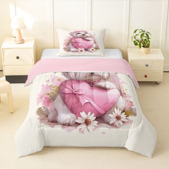 Homewish Cute Maltese Animal Twin Comforter Sets,Pink Bow Heart Bedding Set,Daisy Floral Decor,Pink Reversible,2-Piece,1 Comforter and 1 Pillowcase