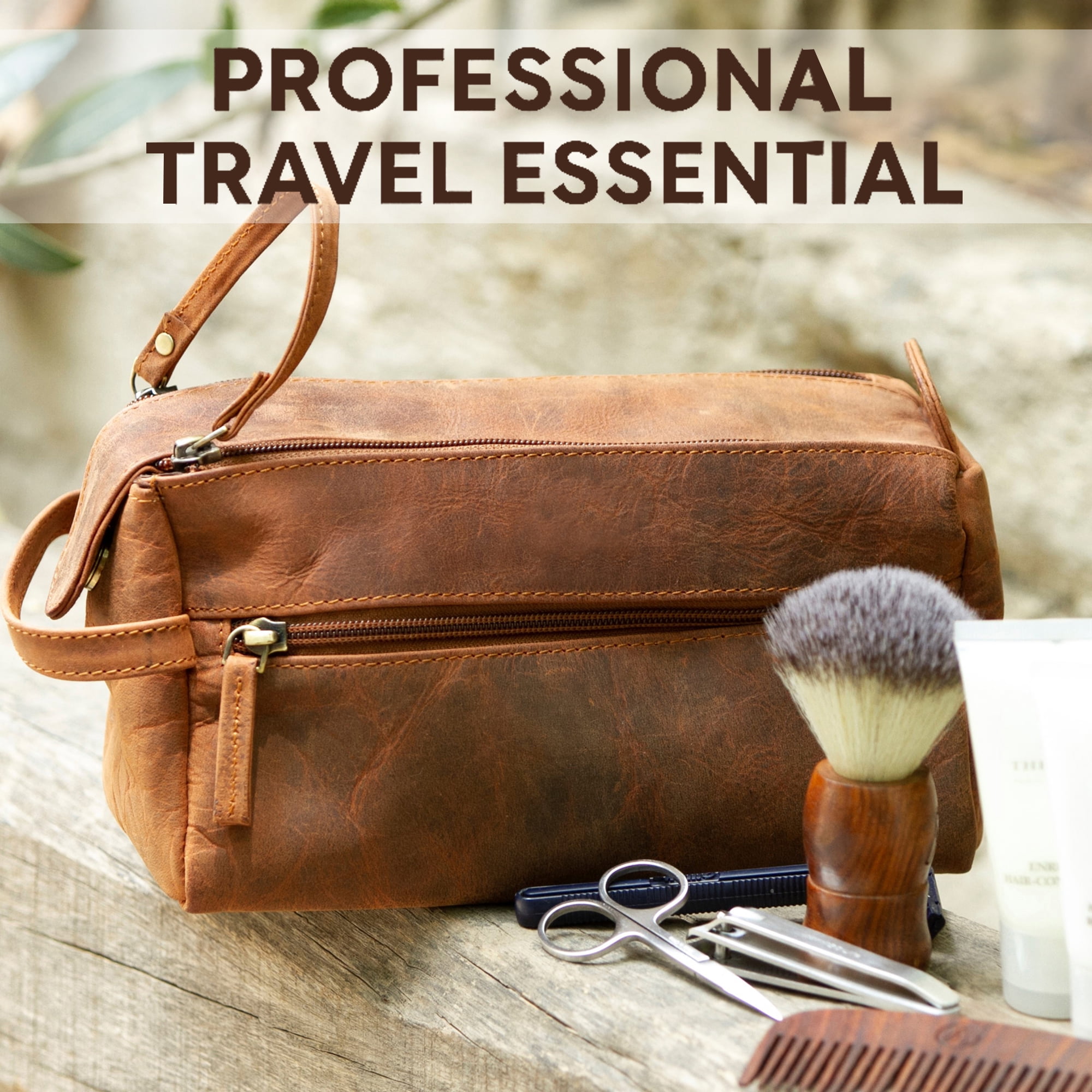 Leather Toiletry Bag for Men & Women - Hygiene Organizer Shaving Dopp Kit Travel Cosmetic Case by Rustic Town