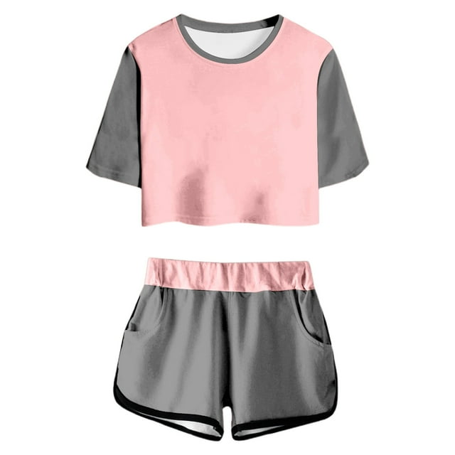 Afdoent Ensembles de Vêtements pour Filles Enfants Été Imprimé Color Block Manches Courtes Haut et Short Ensemble Mignon Col Rond Poche Tenue Décontractée pour et Juniors Confortable pour 11-12 Ans