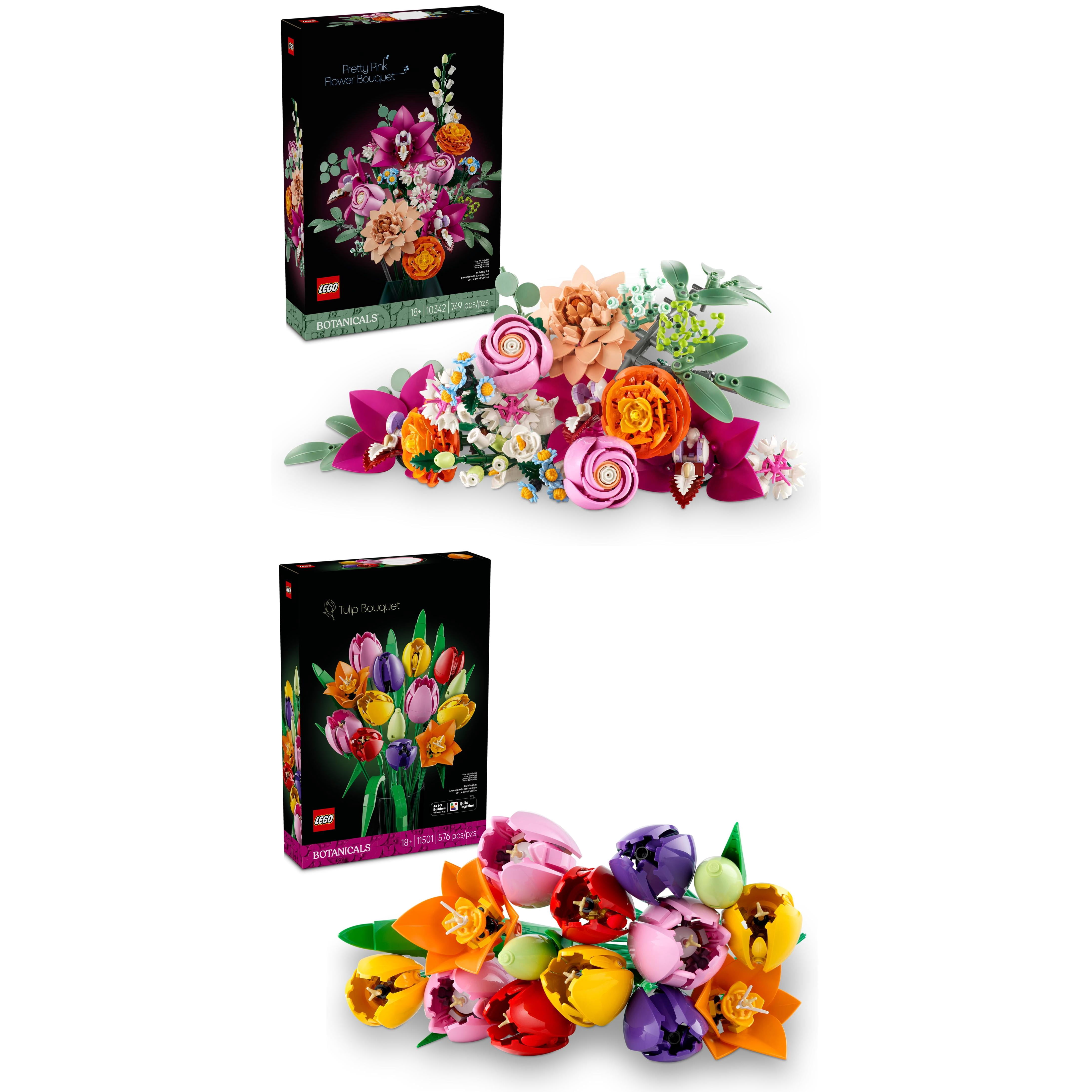 LEGO Botanicals Pretty Pink Flowers & Tulips Bundle - Building Sets for Adults, Ages 18+ - Mother's Day Gifts - Artificial Flowers Home Office, Bedroom Decor - 10342 & 11501