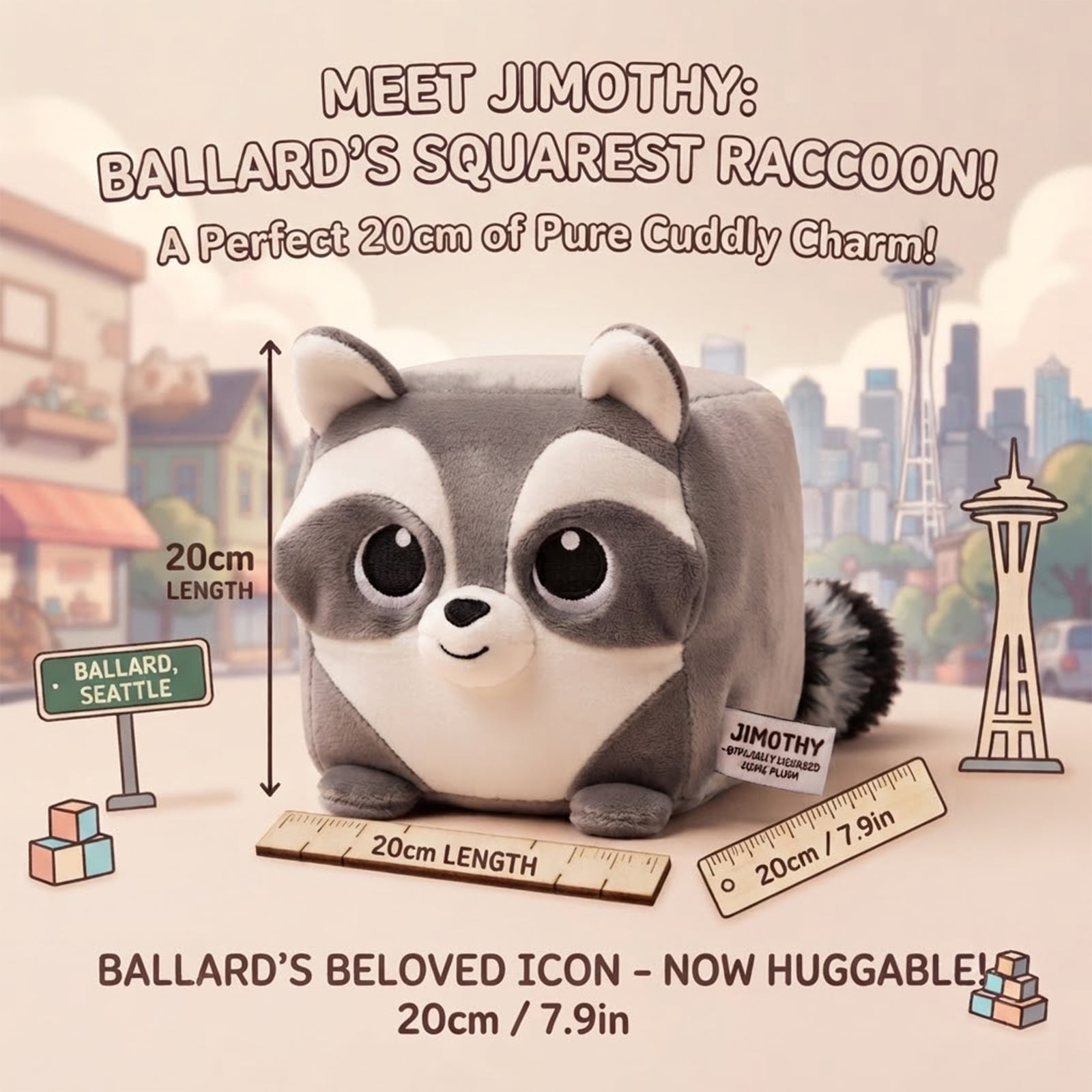Hot Jimothy Summer Jimothy Cube Raccoon Plush Stuffed Animal, Official Character Plush Pillow, Soft Squishy Faux Fur Collectible Plush Toy for Bedroom Sofa Home Decor Gift, 8 Inch