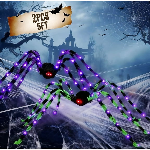 Zsiparty Halloween Decorations Outdoor, 5Ft Giant Spider Light Up Spider, 2 Pack Scary Large Halloween Spider Decor for Home Party Favor Yard Decor