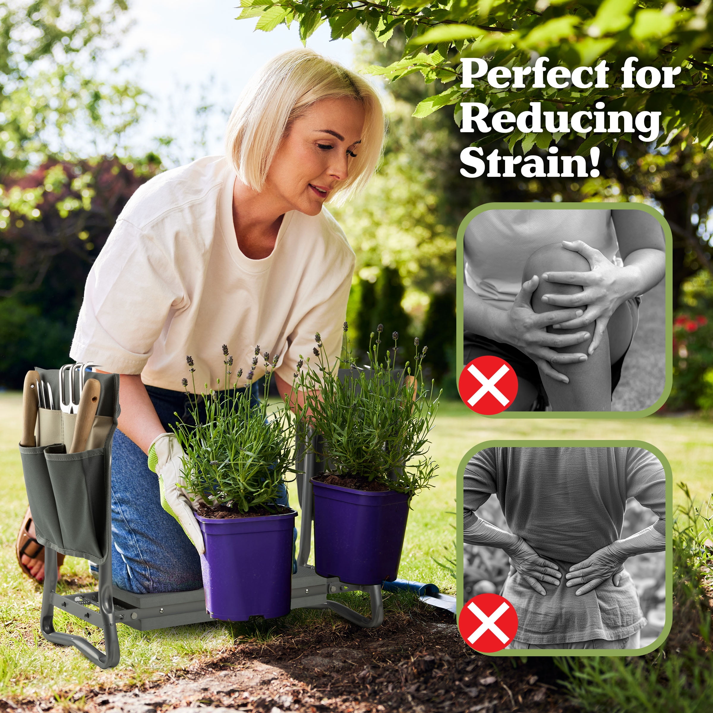 Pure Garden 2-in-1 Garden Kneeler & Stool – Folding Bench with EVA Pad & Tool Pouches, Gray/Tan