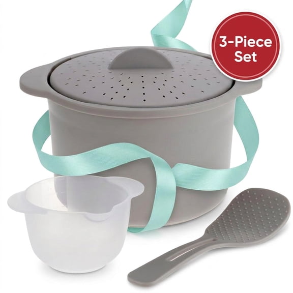 Microwave Rice & Grain Cooker – Easy Cook Container with Locking Lid, Heat-Resistant Handles – Includes Measuring Cup & Mixing Paddle – Cooks Rice, Grains, Veggies & More