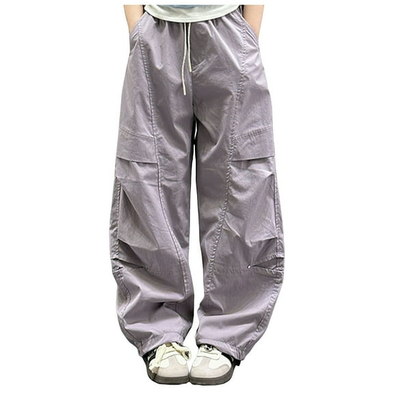 Caqnni Girl's High Waist Pocket Side Cargo Pants Casual Sweatpants Parachute Baggy Joggers Pants for Fall and Winter Casual Baggy Wide Leg Denim Pants Dancing Baggy Pants,Purple,9-10 Years