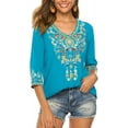 thumbnail image 6 of Higustar Womens Plus Size Tops 3/4 Sleeve V Neck Tunic Shirts Casual Floral Embroidered Loose Summer Fall Blouses Mexican Peasant Cotton Rayon Shirts-054-Blue/H-XL, 6 of 12