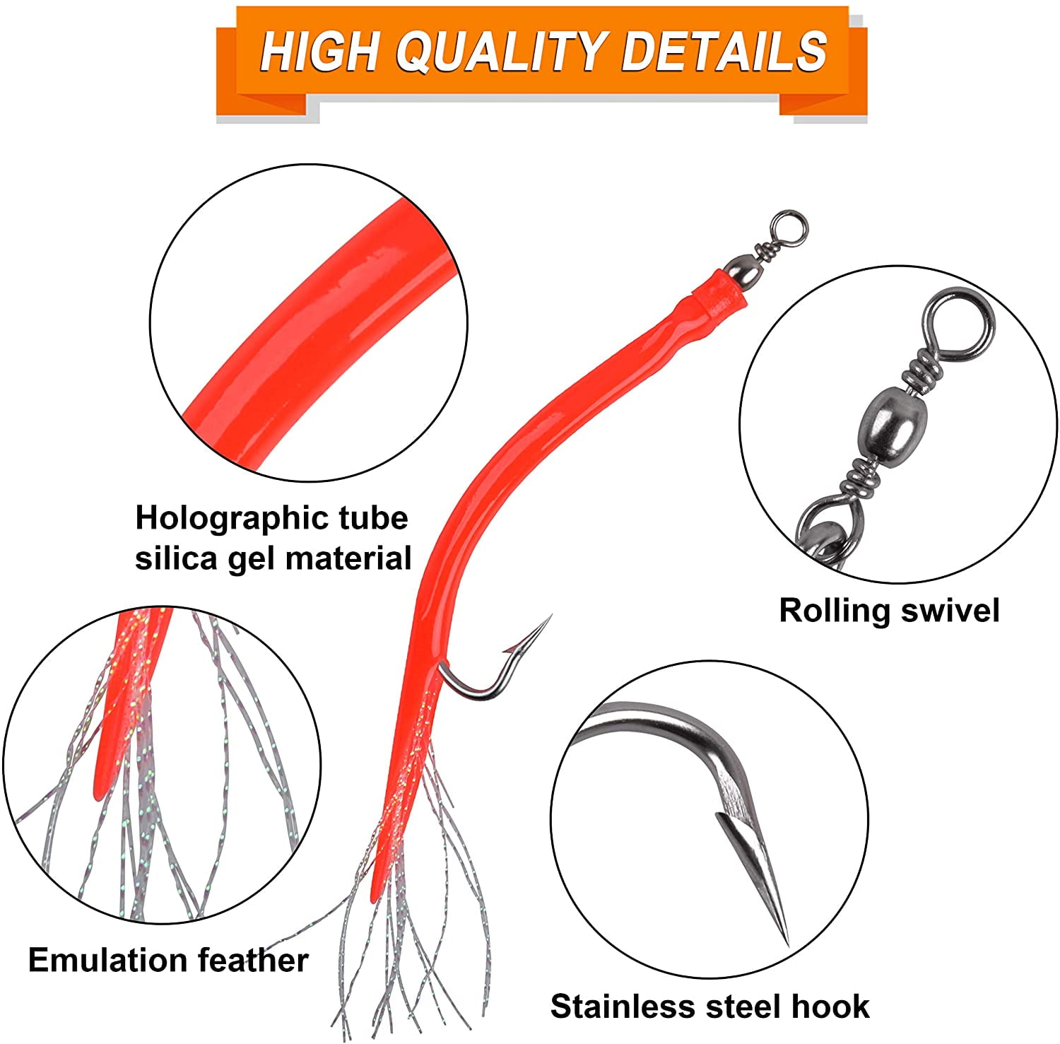 Fishing Gear Lures Fishing Lure Trolling Fishing Eel Jig Bait Long Shank  Offset Hook Rig Striped Bass Fishing Lure with Rubber Tube Flash Teaser  24Pcs