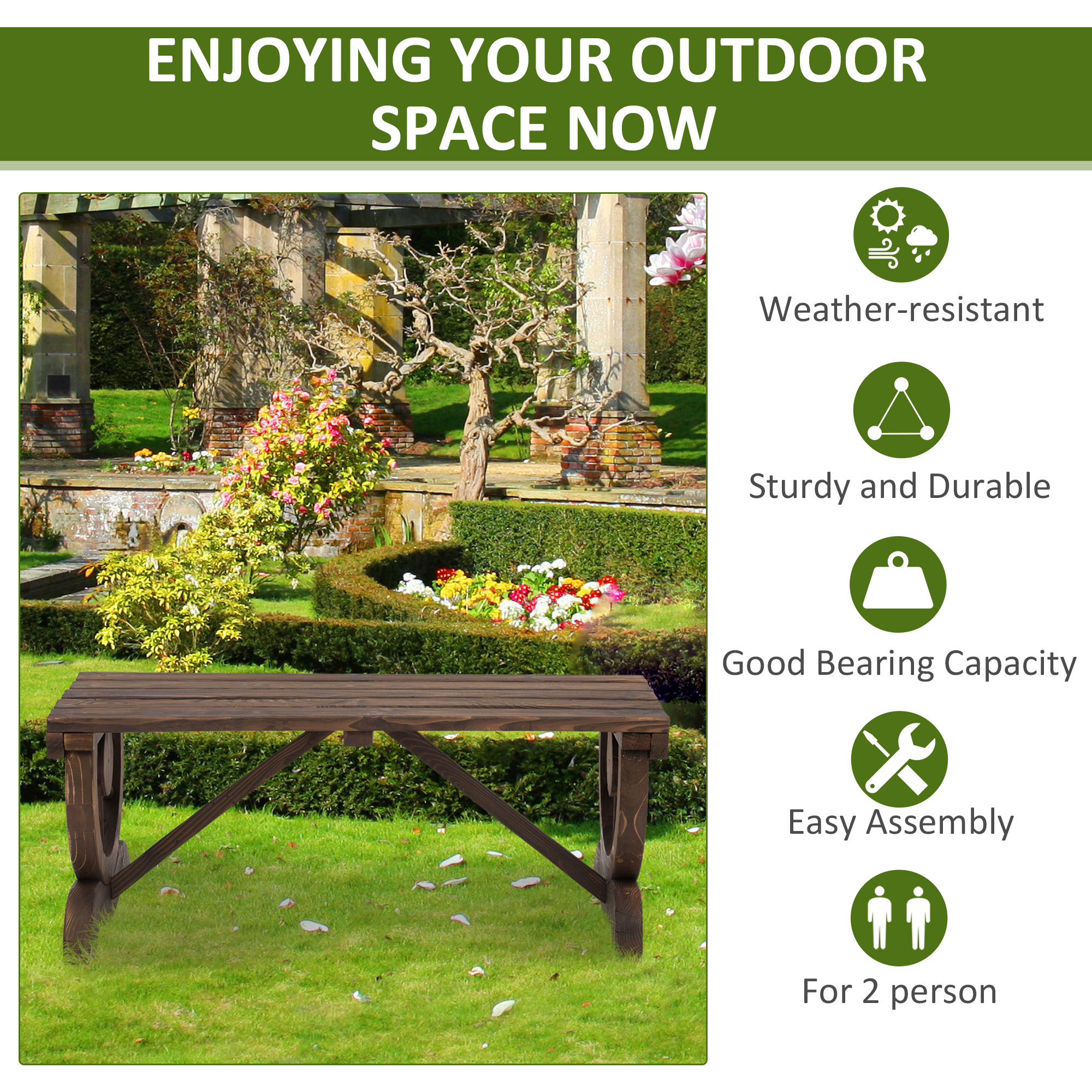 Outsunny 2-Person Wood Outdoor Garden Bench w/ Wagon Wheel Leg Design - image 5 of 9