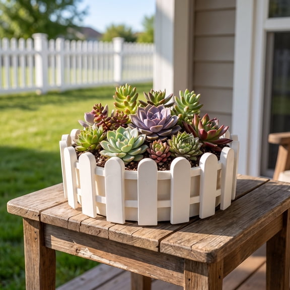 GETAJGHSD Decorative White Round Plastic Planter Box with Fence Style for Tabletop Or Windowsill