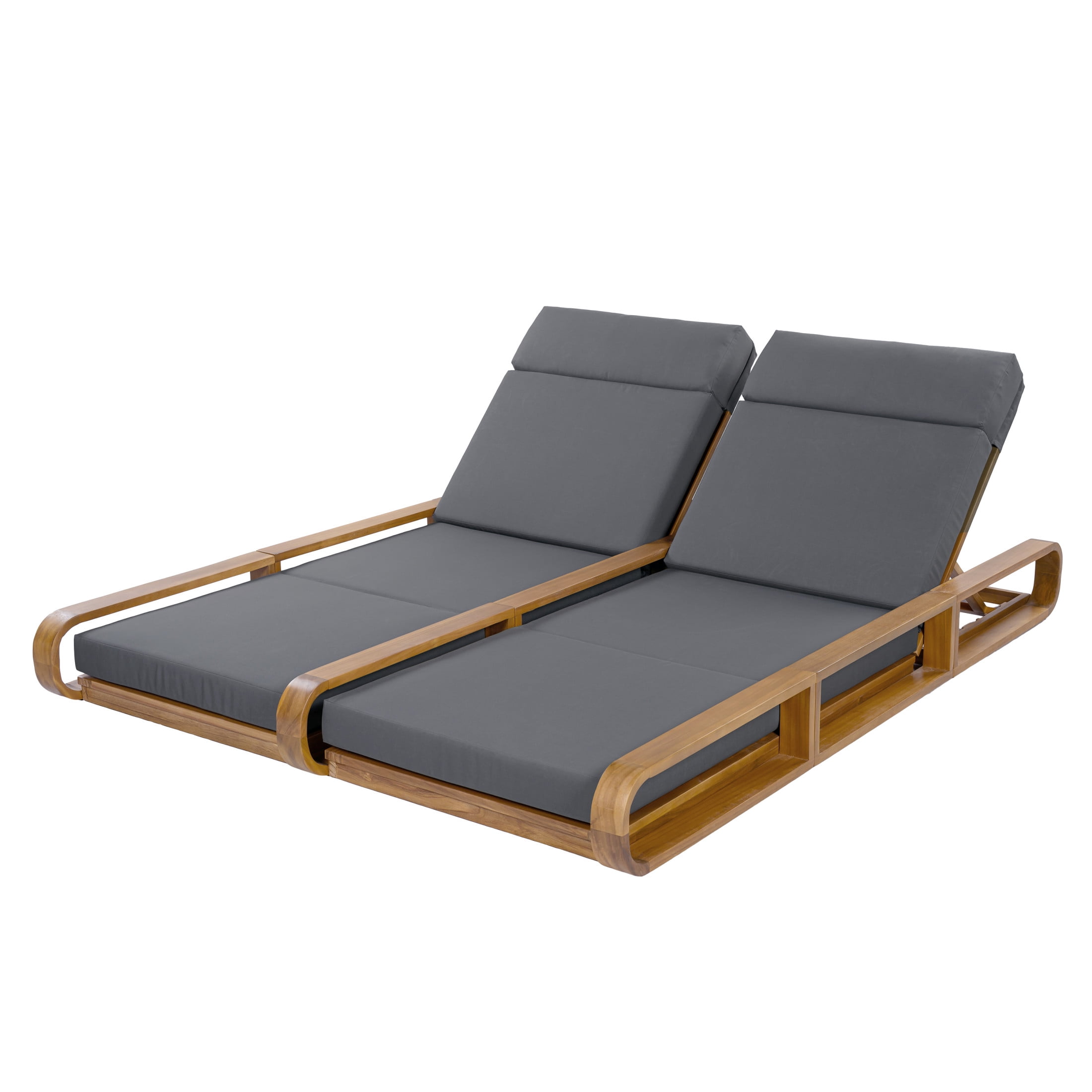 Christopher Knight Home 79" Outdoor Double Chaise Lounge Set with 4-Fold Dark Gray Cushions, Teak
