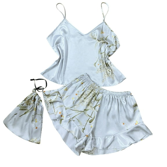 Women's 3 Pieces Satin Sleepwear Cami Top and Ruffle Shorts Pajama Set