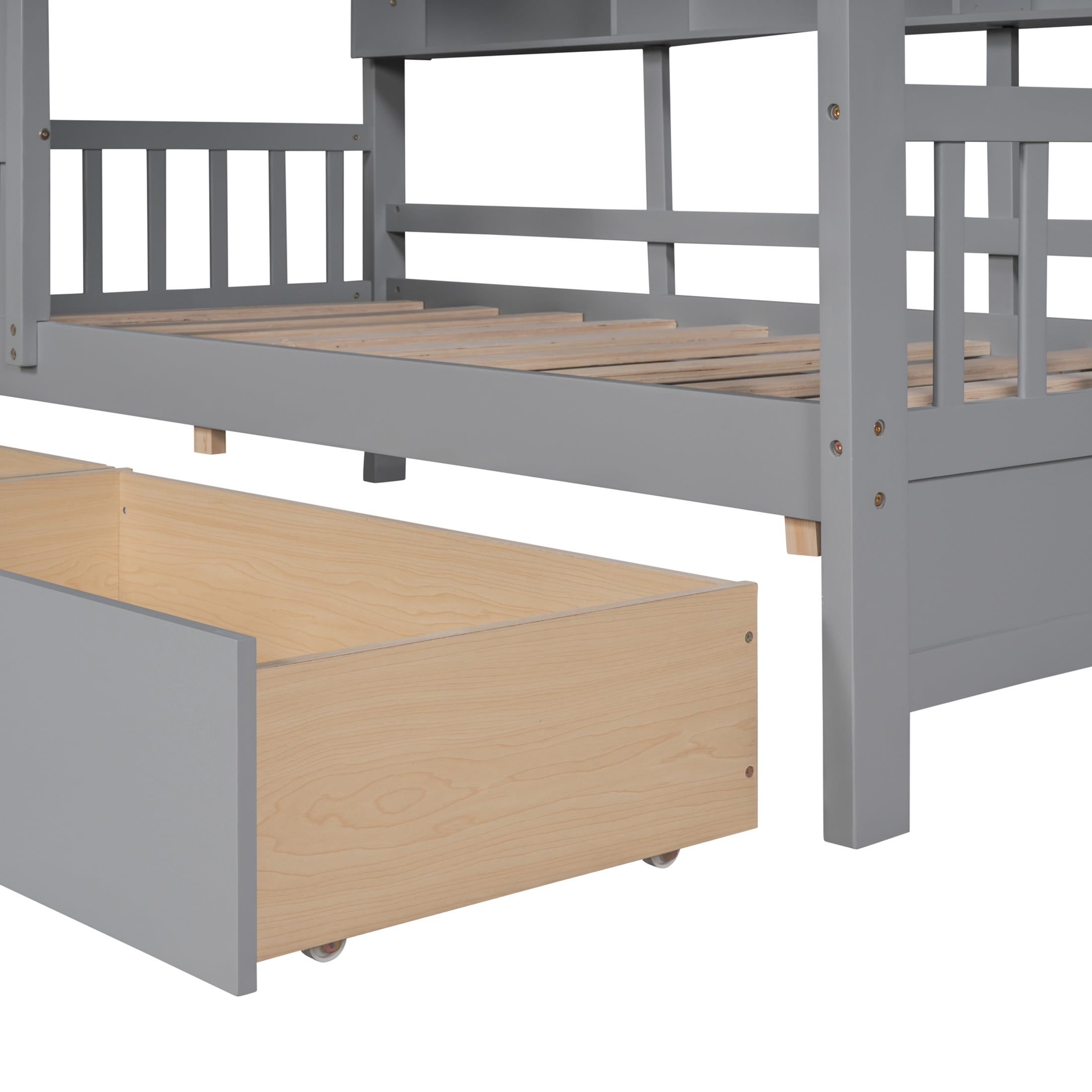 Noble House Wooden Twin Size House Bed with 2 Drawers,Kids Bed with Storage Shelf, Gray