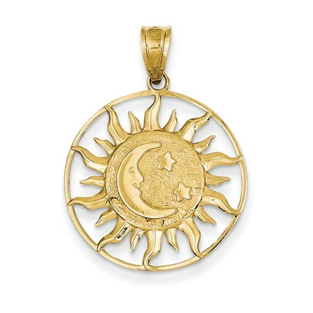 Matte Circle Pendant - 14k Yellow Gold 22mm Sun, Moon and Stars Circle Pendant