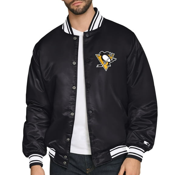 Men's Starter Black Pittsburgh Penguins Triangle Satin Varsity Full-Snap Jacket