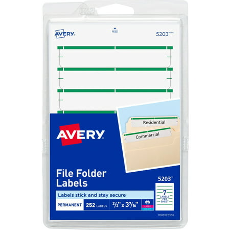 Avery Print or Write File Folder Labels, 11/16 x 3 7/16, White/Green Bar,