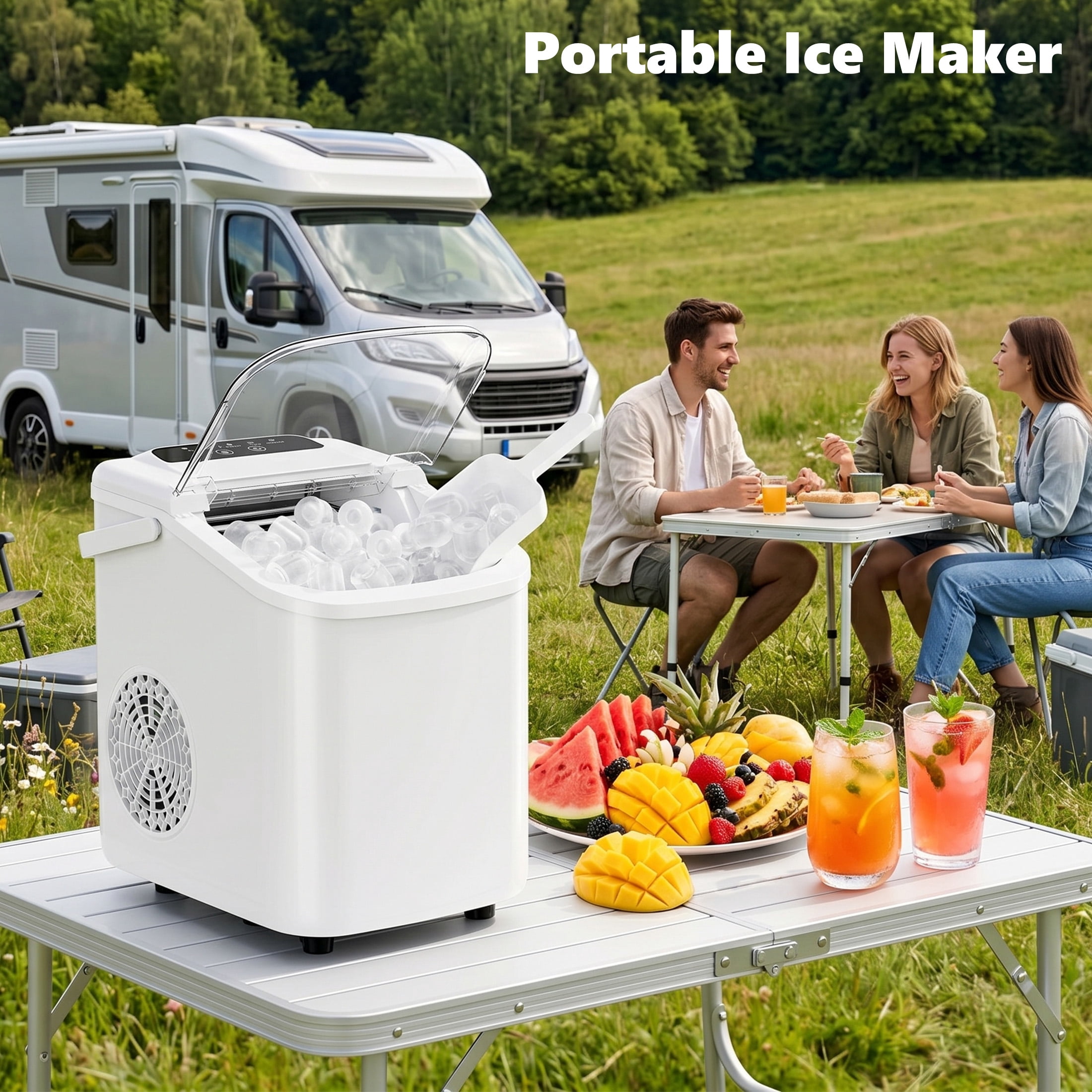 edx Ice Maker, Self-Cleaning Countertop Ice Maker, with Handle & Ice Scoop, 9 Bullet Cubes in 6~8 Mins, 26lbs Daily, White