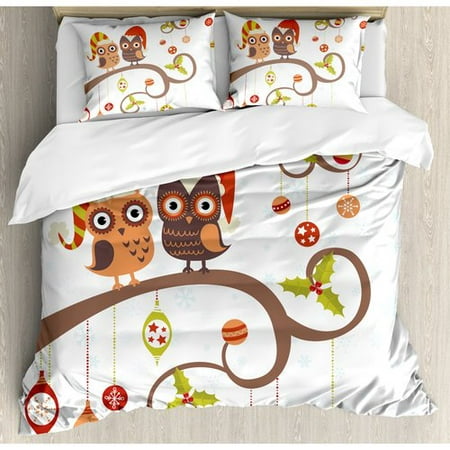 Ambesonne Christmas Owls on Decorated Twiggy Tree Branches Annual Yule Noel Themed Duvet Cover