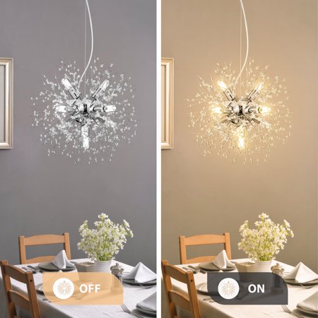 

8-Light Crystal Firework Chandelier LED Silver Pendant Light Modern Adjustable Rope Length for Living Room Bedroom Kitchen Hallway Dining Room