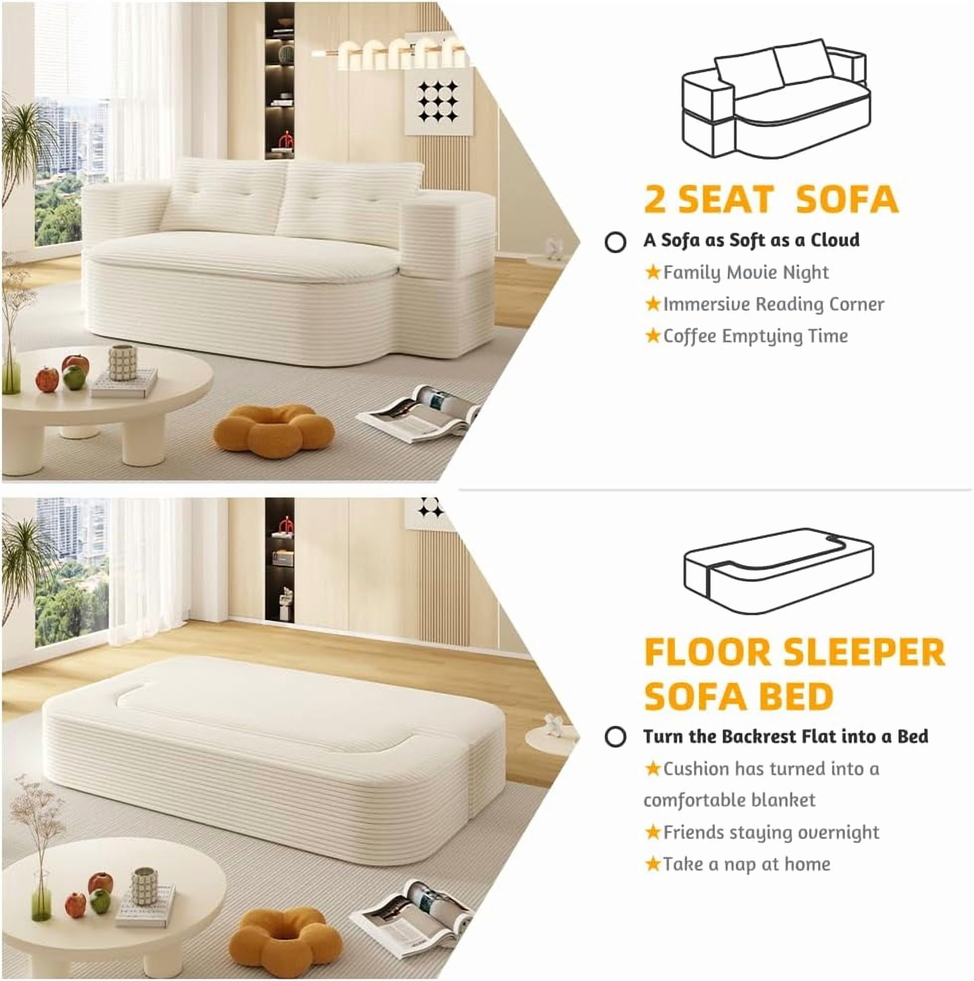 78.7'' Folding Sofa Bed Queen Sleeper Sofa, 2-in-1 Convertible Corduroy Boneless Couch with Blanket, Modern Futon Loveseat Couches for Living Room, Guest Bed, No Assembly Couch, Beige