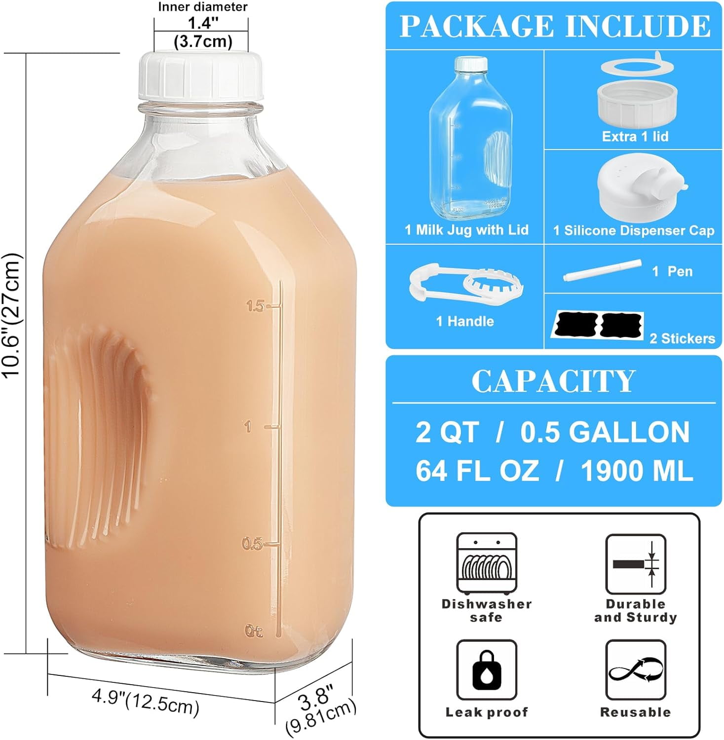 2 Qt Glass Milk Bottle with Reusable Strong Airtight SCREW LID, 64 Oz Glass Juice Bottles for Almond Milk, Oat Milk Nut Milk- 0.5 Gal Glass Water Bottle with 2 Exact Scale Lines, Extra Handle AND