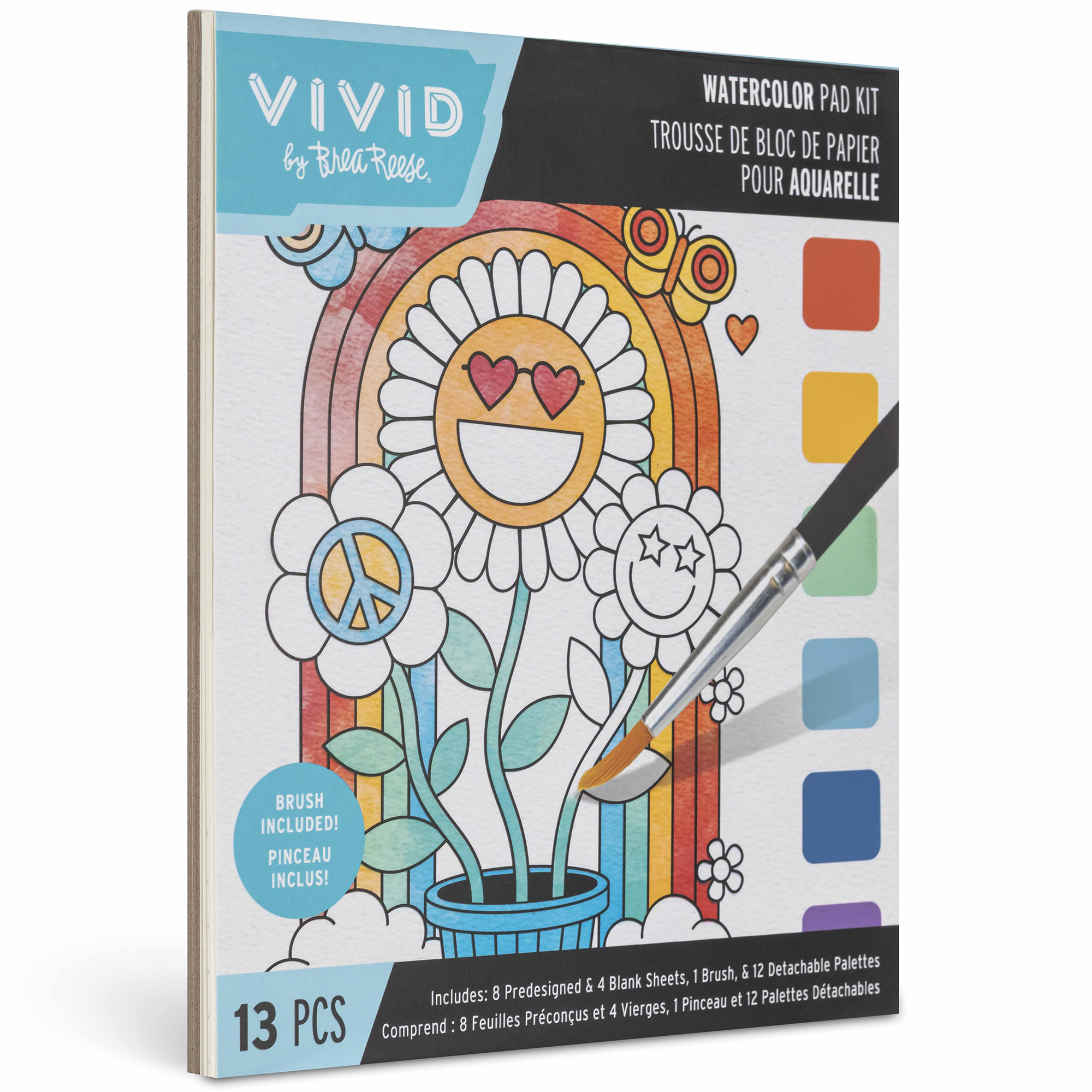 Vivid by Brea Reese: Watercolor Pad Kit - Rainbow - 8 Retro Groovy Themed Designs & 4 Blank Sheets, 12 Detachable Paint Palettes, Brush, Art Activity