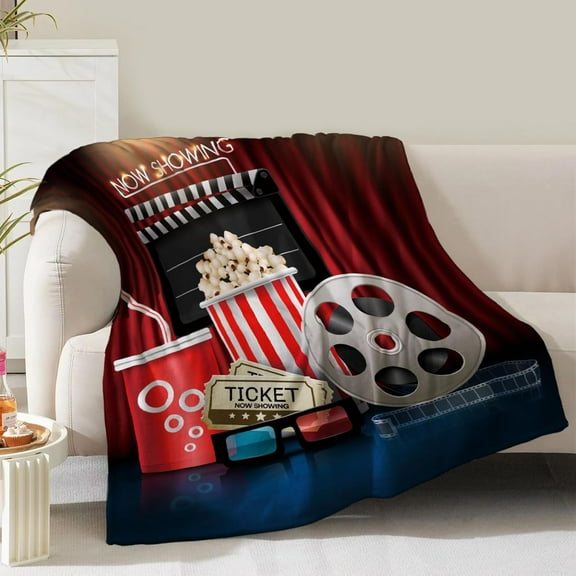 Movie Theater Theme Blanket Gifts for Women Girls Boys Men Cinema Clapboard Film Popcorn Print Presents for Kids Adults Teen Birthday Christmas Decor Home Couch Sofa Soft Cozy Flannel Throw 60"x50"