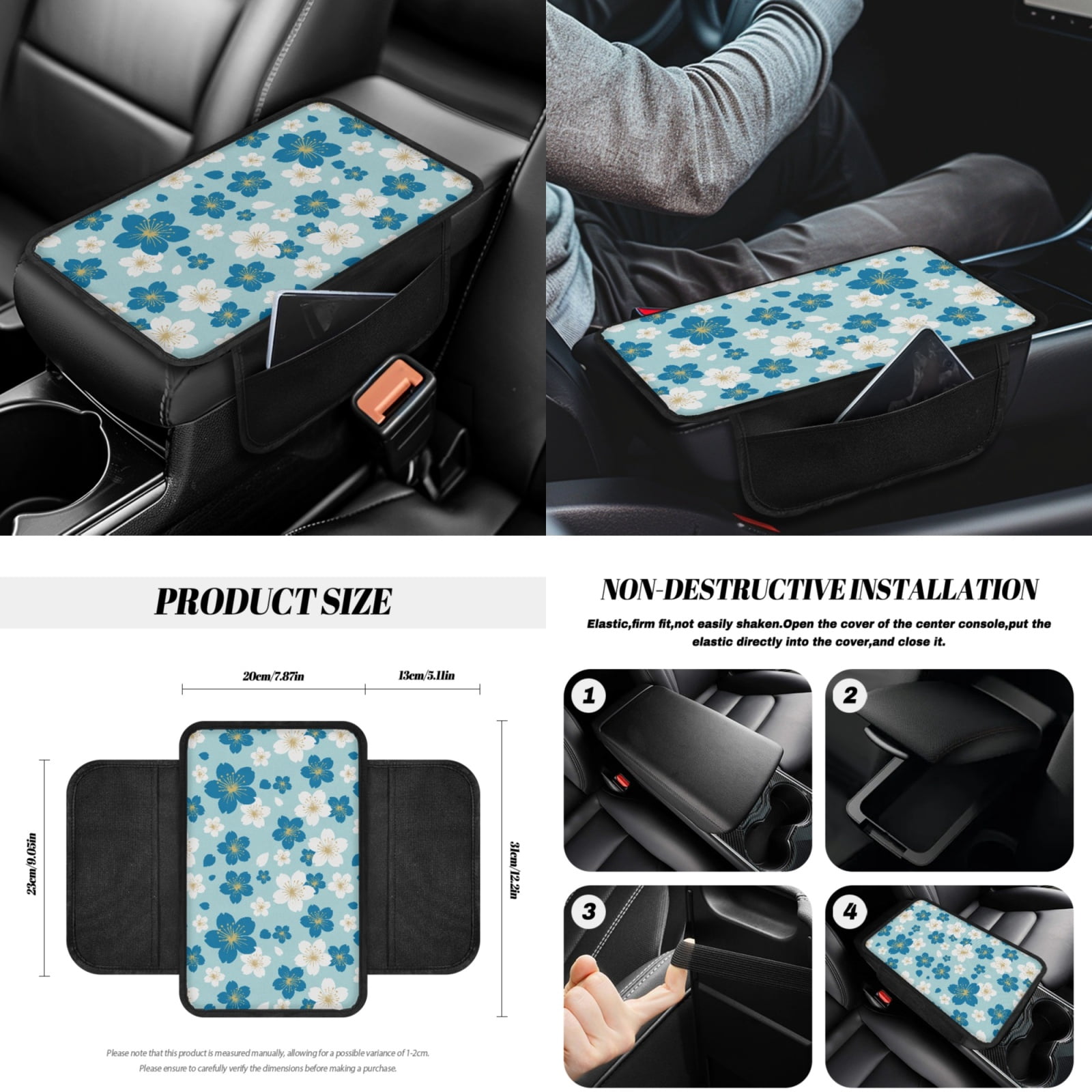 Yuyamidu Blue Flower Car Seat Covers Cute Steering Wheel Cover Seat Belt Cover Cup Holders Garbage Can Car Center Console Pad Handbrake Cover Gear Shift Knob Cover Rearview Mirror Cover, Pack of 14