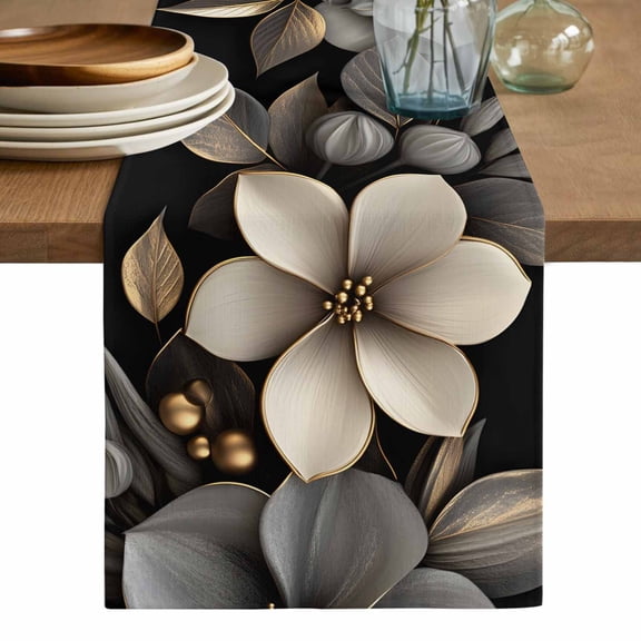 Gold Black Flower Table Runner, Blossoming Botanical Prints Leaf Washable Cotton Linen Table Runners 72 Inches Long, Dresser Scarf Runner for Dining/Coffee/Kitchen/TV Stands/Cabinets 13''x72''