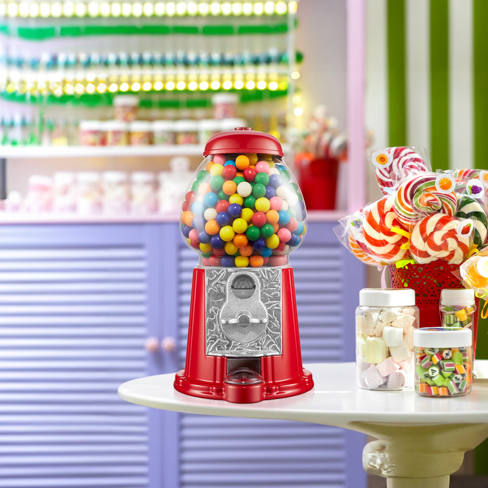 Olde Midway 12" Gumball Machine with Coin Bank - Red, Antique-Style Bubble Gum Candy Dispenser