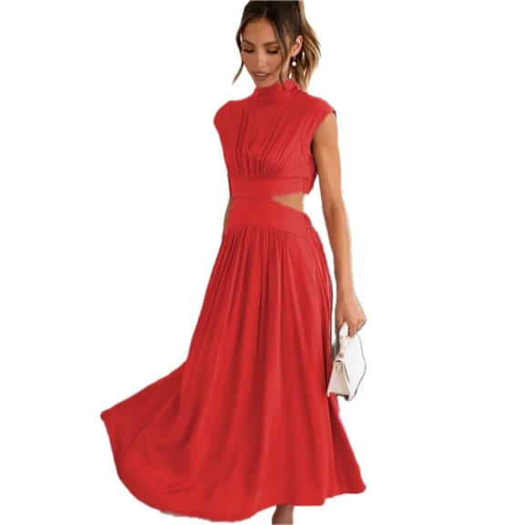 Women's Cutout Mock Neck Sleeveless Ruched Dress with Sheer Panels 95% polyester 5% spandex for a Flattering Fit