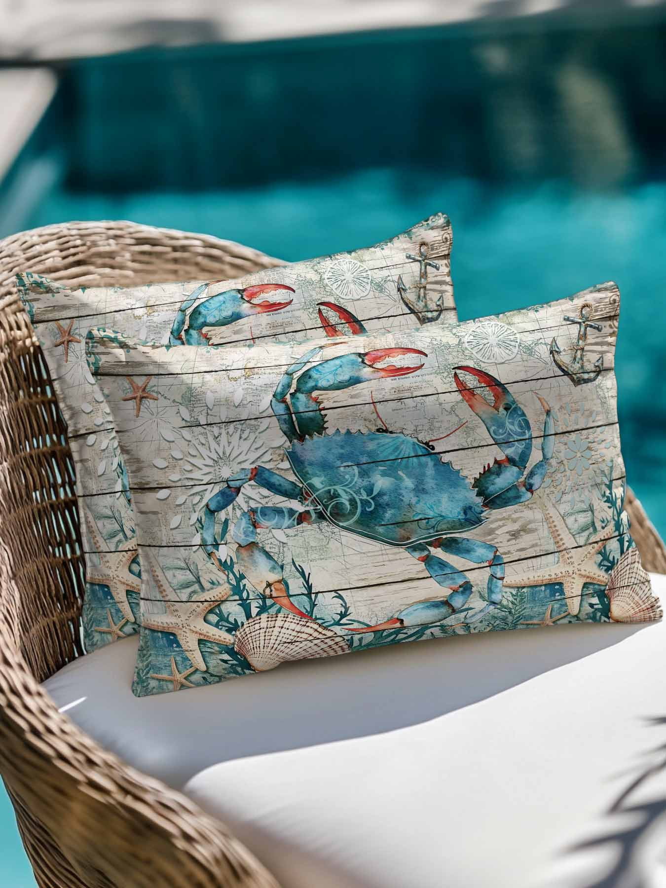 Outdoor Pillows Waterproof, Teal Crab Coastal Bedding Throw Pillows with Insert for Couch Sofa Bed, Summer Beach Nautical Starfish Retro 12x20 Inch Pillowcases Decorative Patio Pillow Set of 1