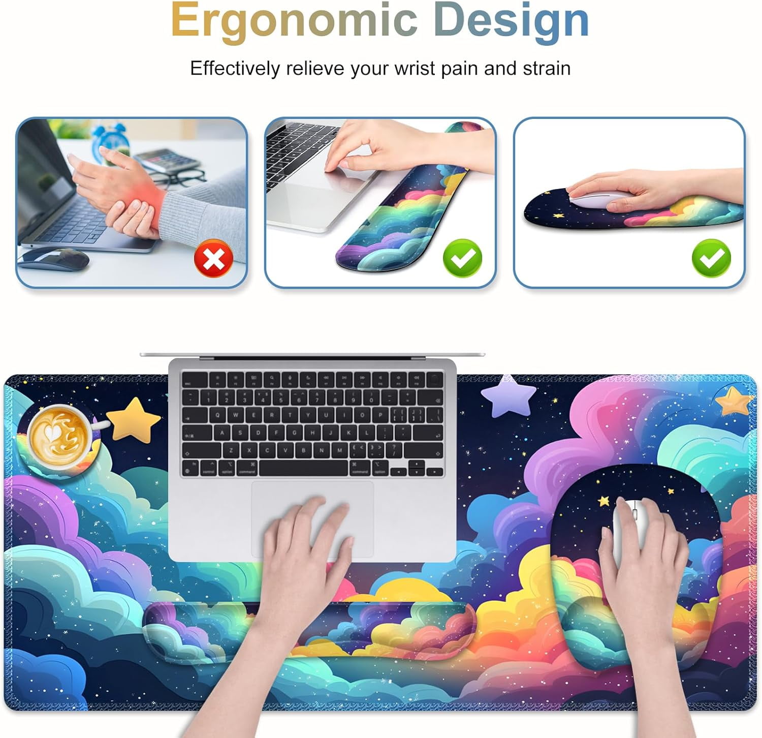 Mouse Pad with Wrist Support 4 in1 Set, XXL Big Game Mousepad + Keyboard Wrist Rest + Mouse Wrist Rest Pad +Coaster Gaming Mat for Home Office Work Computer Laptop I Colorful Clouds Starry Night