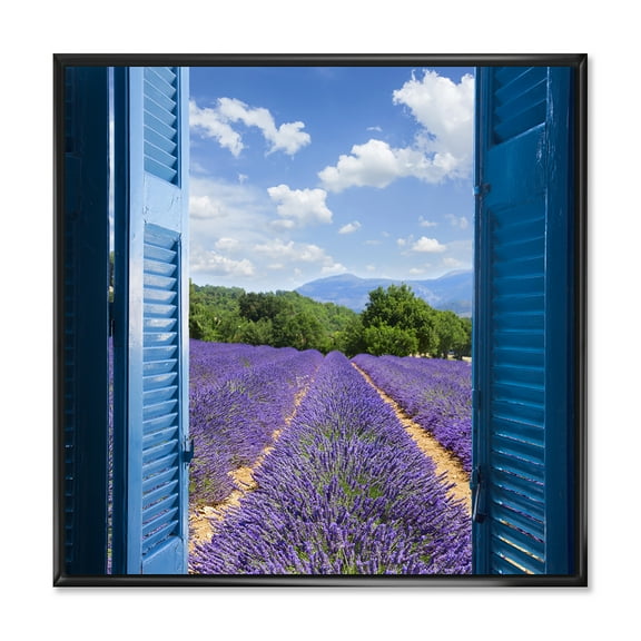 Designart 'View of Lavender Field Through Blue Open Cottage Window' Farmhouse Framed Canvas Wall Art Print