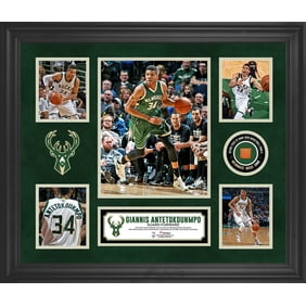 Giannis Antetokounmpo Milwaukee Bucks Framed 5-Photo Collage with a Piece of Team-Used Basketball