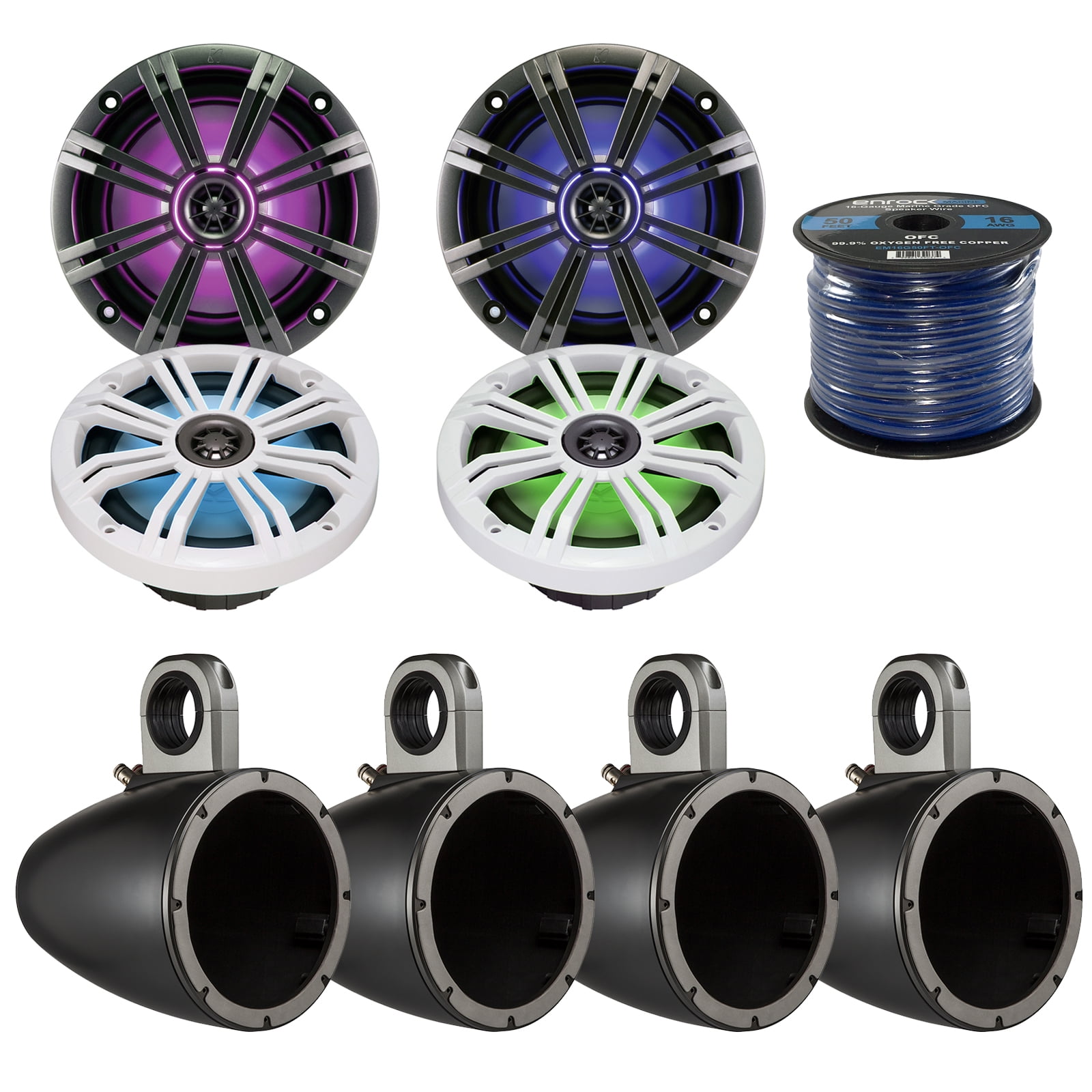 4x Kicker KM8 8INCH Marine Coaxial Speakers, 4x Kicker KMTESW 8