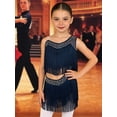 thumbnail image 3 of TiaoBug Kids Girls Latin Dance Outfit Ballroom Salsa Tassel Fringe Dress One Shoulder Crop Top and Skirt Set Navy Blue 14, 3 of 7
