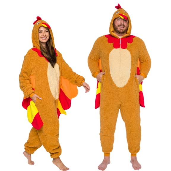 FUNZIEZ! - Turkey Adult Unisex Slim Fit Novelty Union Suit Costume for Halloween - Brown/Orange, Red/Yellow, Small