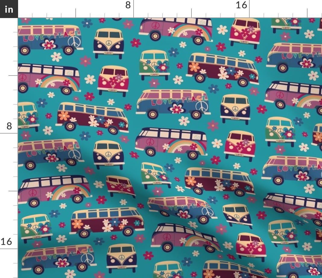 Brown And Green Cotton Fabric Retro Vehicle Fabrics Hippie Fabric By The Yard Vintage Worn Out Van Fabric Old Car On Field Linen
