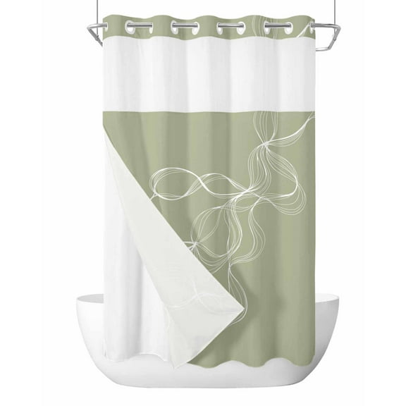 No Hook Cloth Fabric Shower Curtain with Snap in Liner, Sage Green Waterproof Shower Curtains Set with See Through Top Window, Minimalist Abstract Modern White Art Bath Curtains Shower 36"x78"