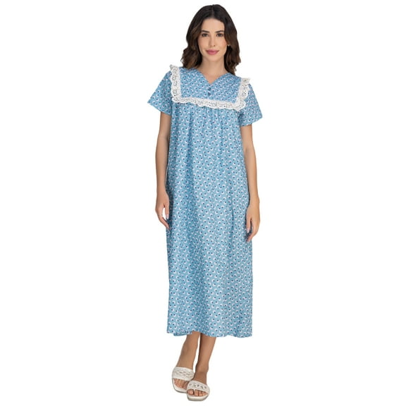 Moomaya Women's Cotton Nightdress | V-Neck Frill Lace Sleepwear | Soft & Breathable Mid-Calf Lounge Dress