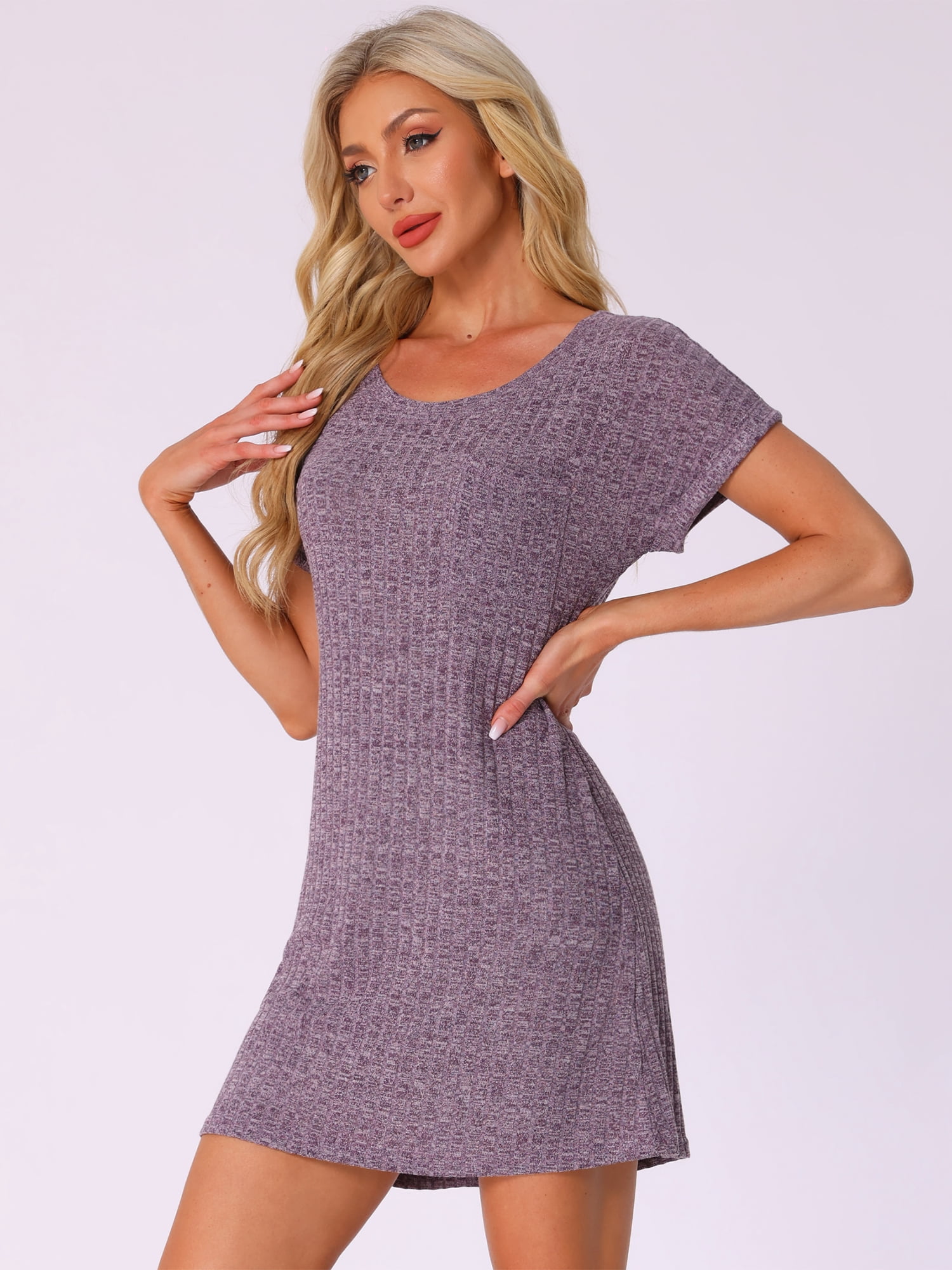 DARING DIVA Women's Nightgown Ribbed Knit Sleepshirt Short Sleeve Sleepwear 2XL Purple