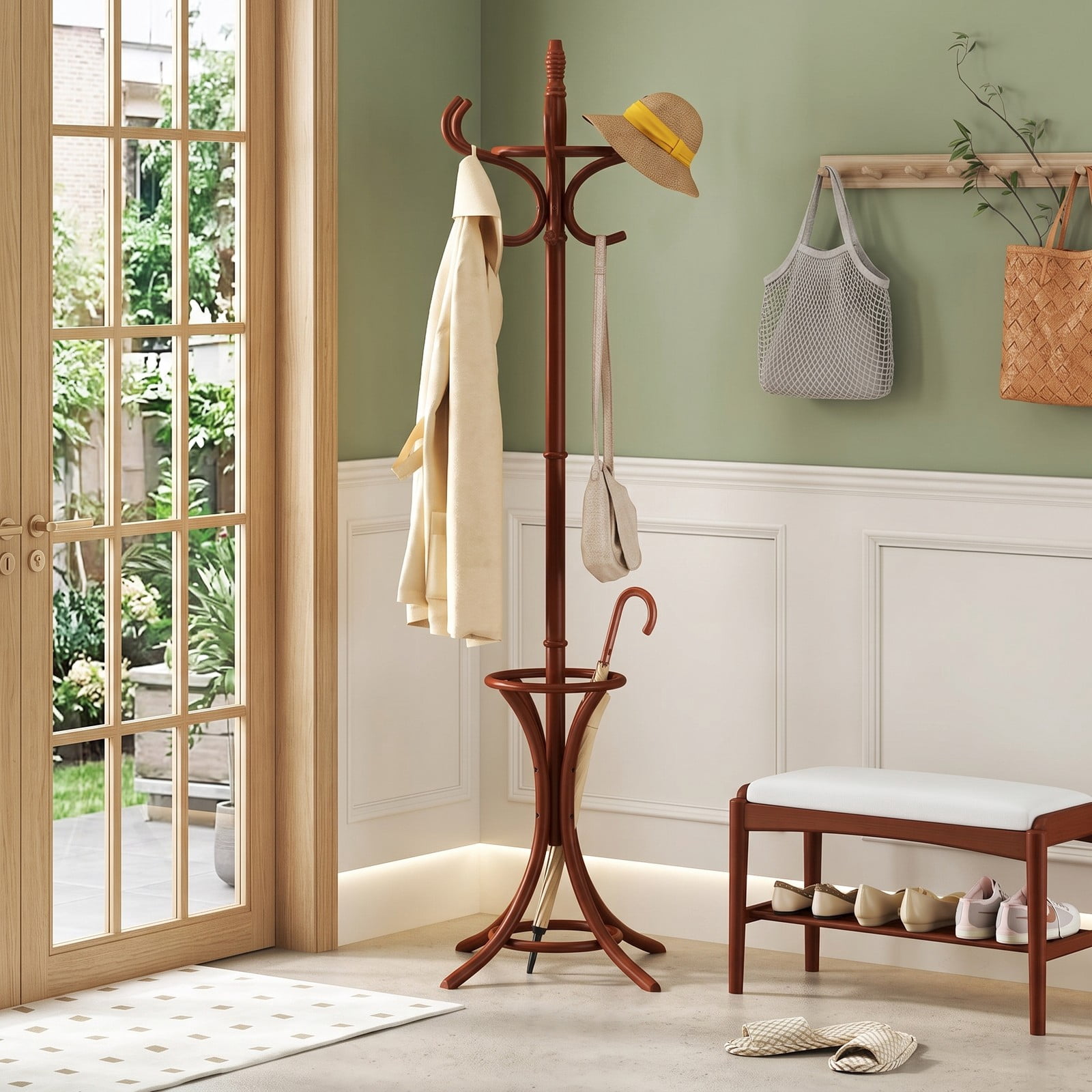 Furnibear Freestanding Wood Coat and Hat Rack Stand with Umbrella Stand Rotating Top and 12 Hooks for Entryway and Hallway, Brown
