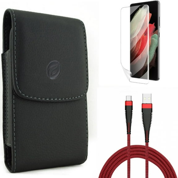 10ft USB Cable & Matte Screen Protector & Case Belt Clip for Samsung Galaxy S22 Plus (S22 ) - Combo Type-C Charger Cord Power & TPU Film Anti-Glare & Leather Holster Cover