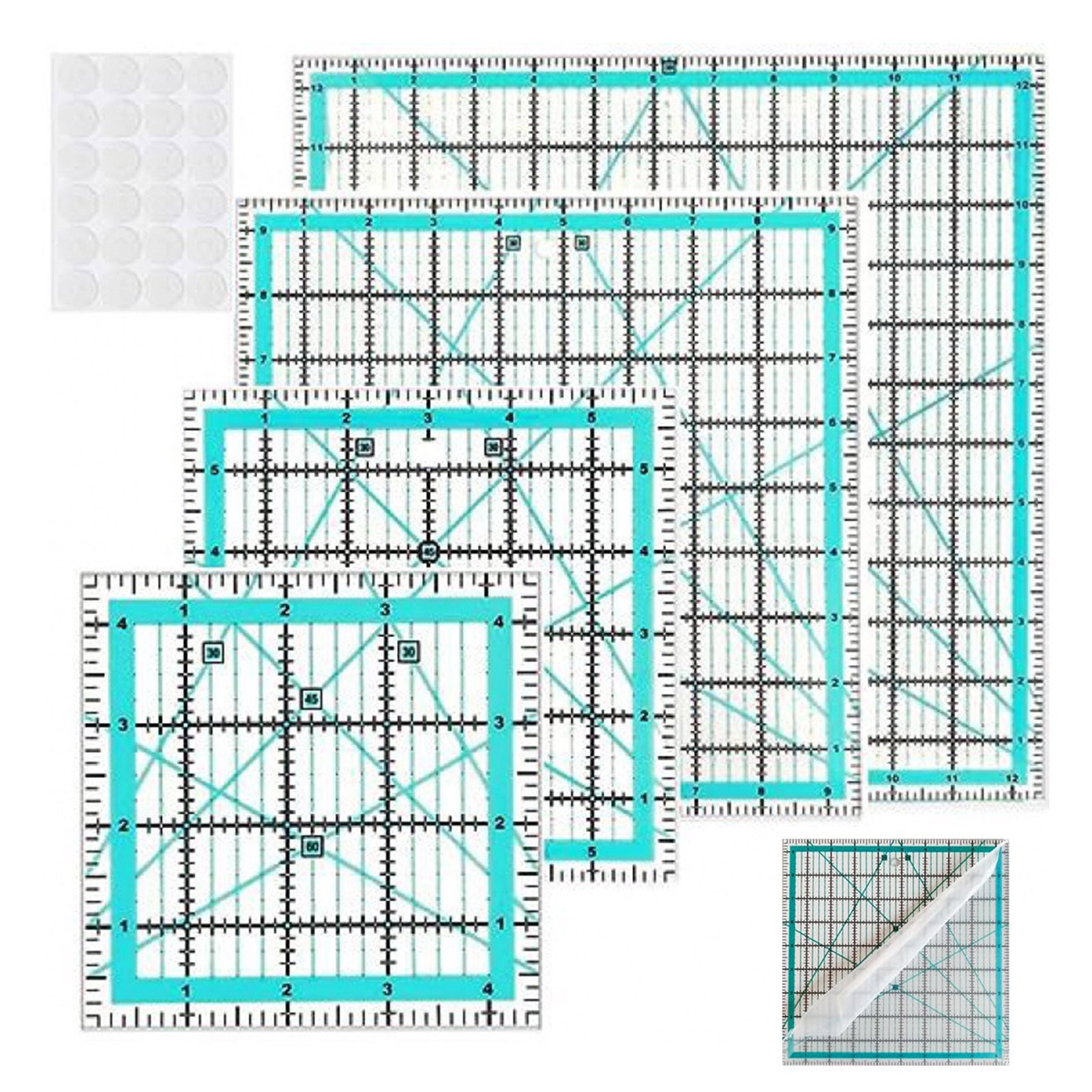 OIUR 4Pcs Acrylic Quilting Ruler with Non-Slip Rings 4.5/6/9.5/12.5-Inch Square Fabric Cutting Patchwork Ruler with Clear Mark DIY Sewing Craft Projects Template