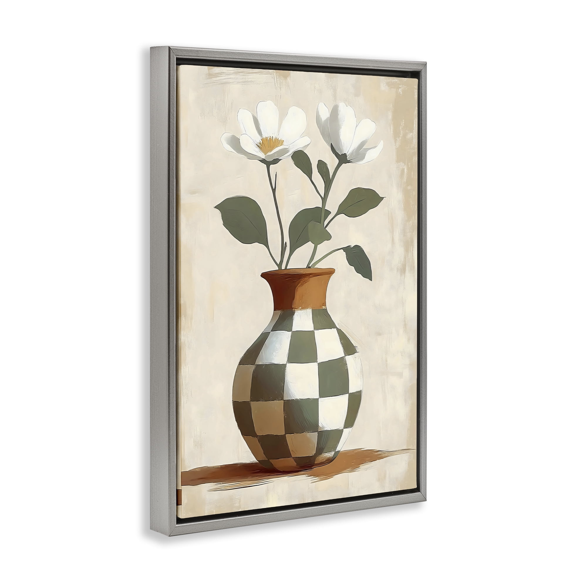 Stupell Industries Checkboard Green Flower Vase Gray Framed Floater Canvas Wall Art, design by Creative Studio