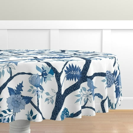 

Cotton Sateen Tablecloth 70 Round - Peony Branch Blues Chinoiserie Peonies Floral Blue Garden Chinese Inspired Asian Botanical Print Custom Table Linens by Spoonflower