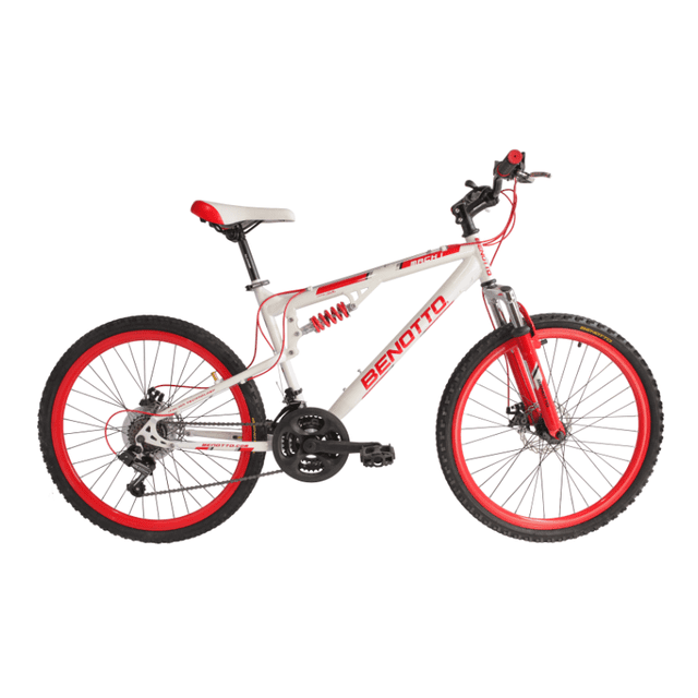 bicicleta mach 1 c/amort-susp del y frenos d/disco r-26 21vel (blanco/rojo) Bicicleta con cuadro acero Hi-Ten blanco y detalles rojos, suspensión delantera en tijera de acero, rines aluminio doble pared y llantas 26x1.95 con aros rojos; sillín ergonómico blanco/rojo, manubrio y potencia en acero, transmisión Shimano Tourney 21 velocidades y doble freno de disco Benotto. Se envía semi-armada; requiere montaje de llanta delantera, manubrio y sillín y ajuste de frenos y velocidades; ideal también para paseos recreativos urbanos.