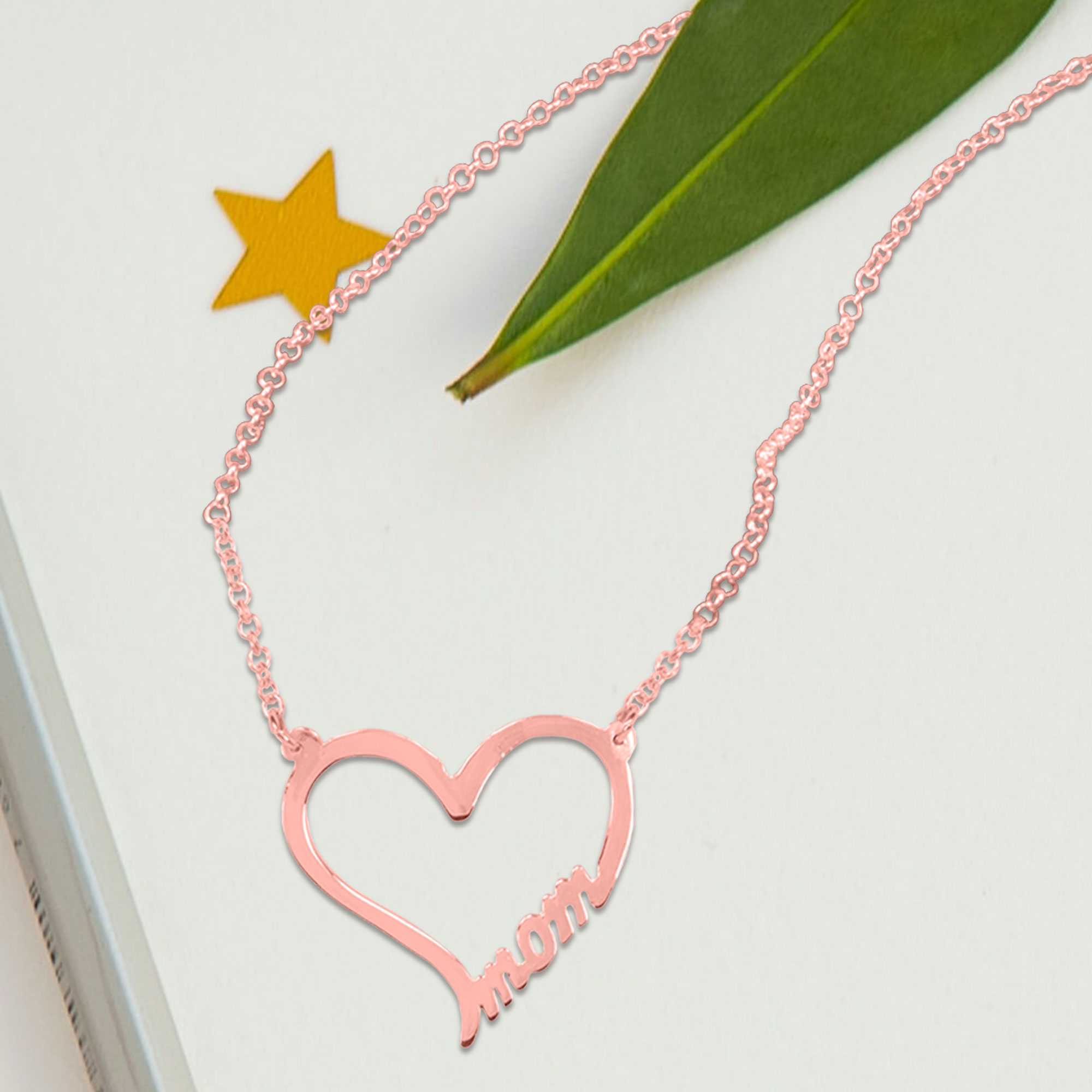 MOM Heart Necklace in Sterling silver. 14K yellow gold plated sterling silver, or 14K rose gold plated sterling silver