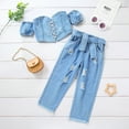thumbnail image 4 of WOLLED Baby Girls Denim Off-Shoulder Crop Tops+high Waist Ripped Jeans Pants 2PCS Toddler Summer Distressed Denim Pants Jeans Outfits for 2-7 Years Old, 4 of 9