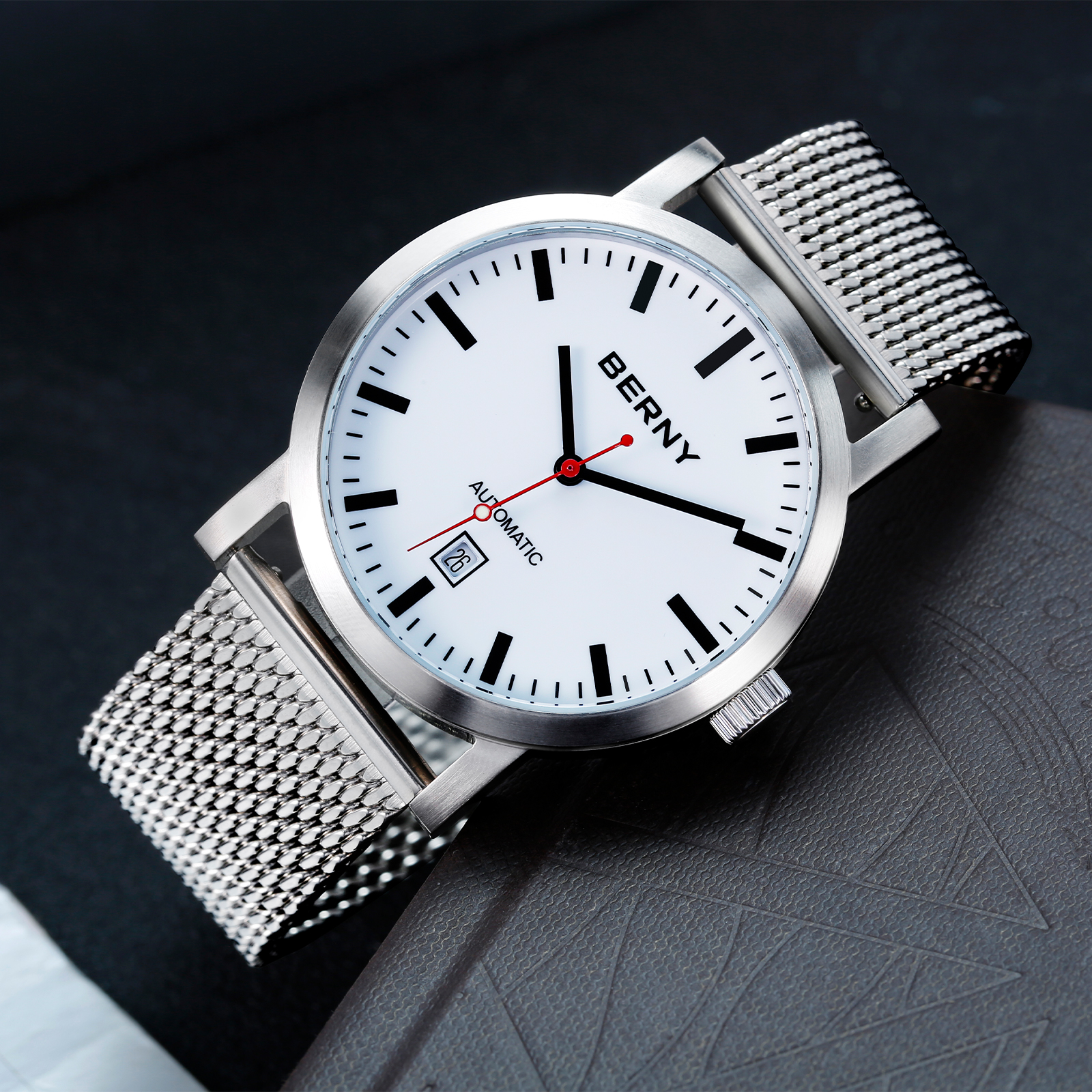 BERNY Automatic Watch for Men, Classic Mechanical Wristwatch with Stainless Steel Mesh Band, Date Calendar, 5ATM Waterproof, Super Luminous, Red Seconds Hand (White)